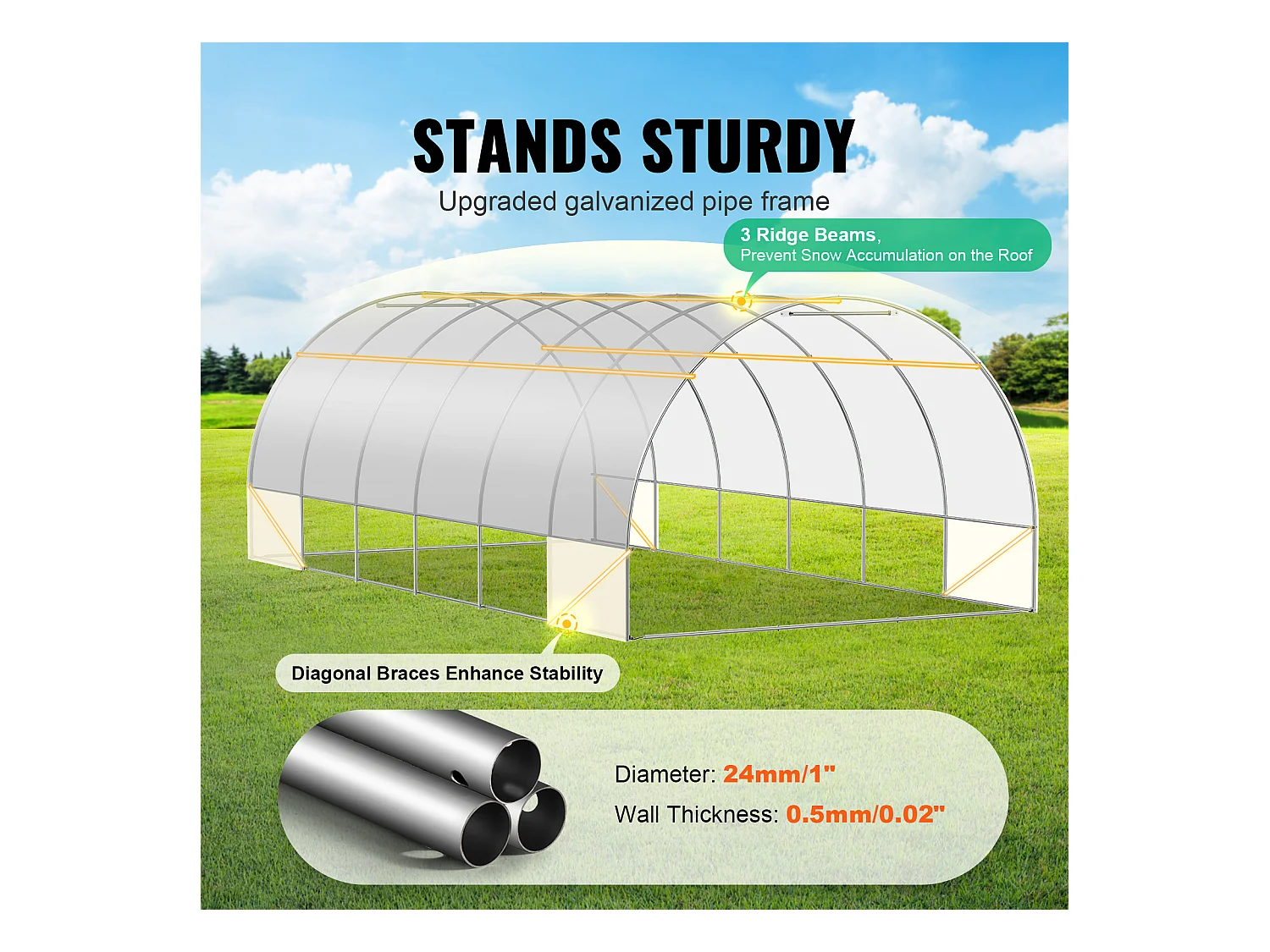 Serre Tunnel SucceBuy, 5,8 x 2,8 x 2,0 m, Cadre Galvanisé, Revêtement PE, Blanc