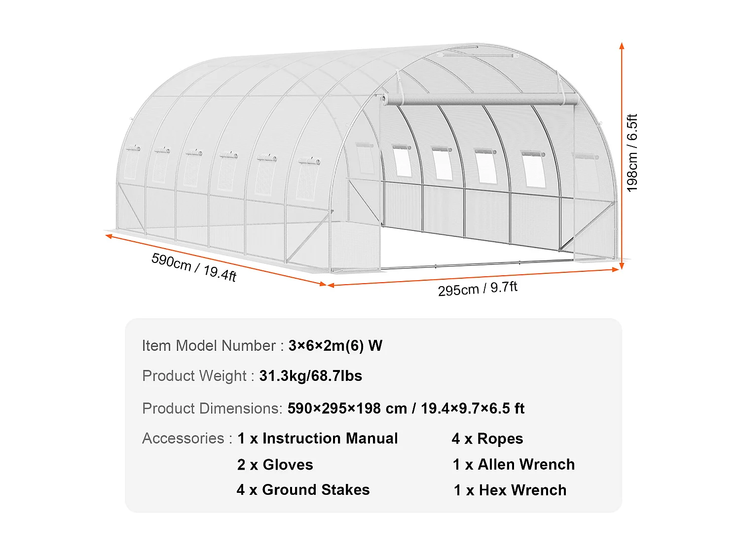 Serre Tunnel SucceBuy, 5,8 x 2,8 x 2,0 m, Cadre Galvanisé, Revêtement PE, Blanc