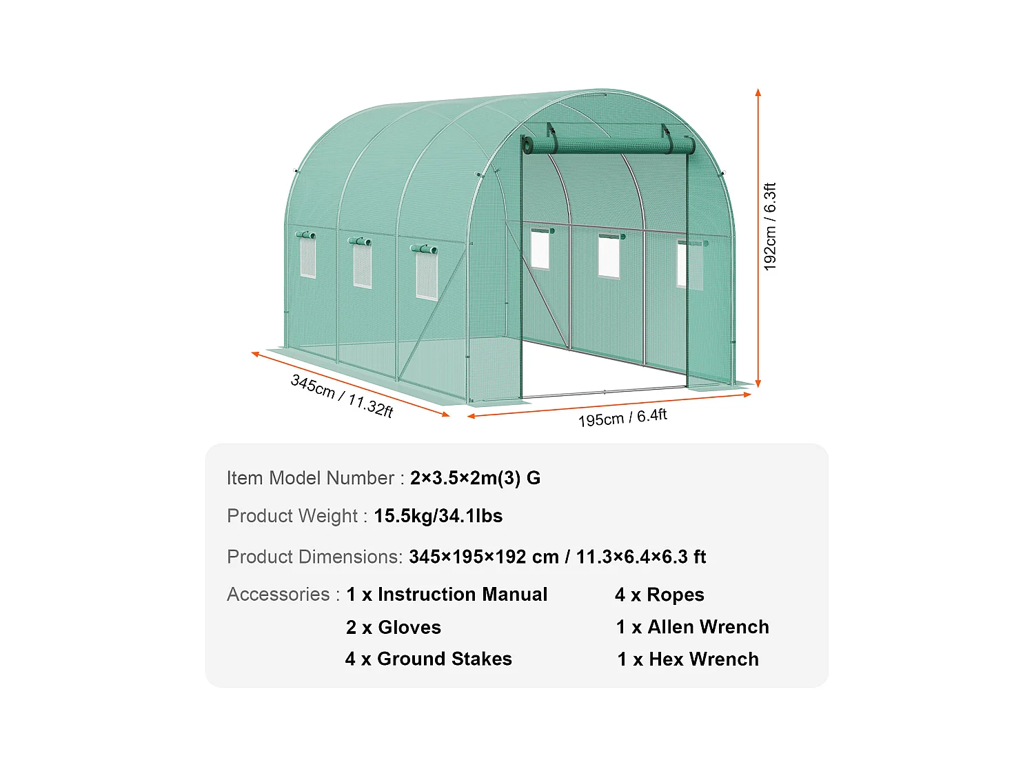 Serre Tunnel SucceBuy, 3,4 x 1,9 x 1,9 m, Cadre Galvanisé, Couverture PE, Verte