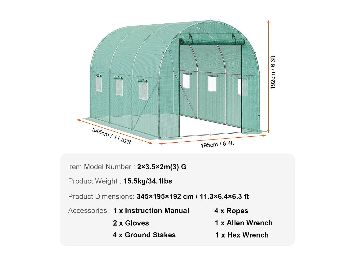 Serre Tunnel SucceBuy, 3,4 x 1,9 x 1,9 m, Cadre Galvanisé, Couverture PE, Verte