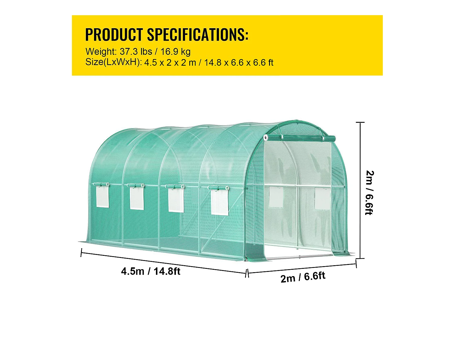 Folientunnel SucceBuy mit Verzinktem Rahmen 4,5 x 2 x 2 m, Wasserdicht