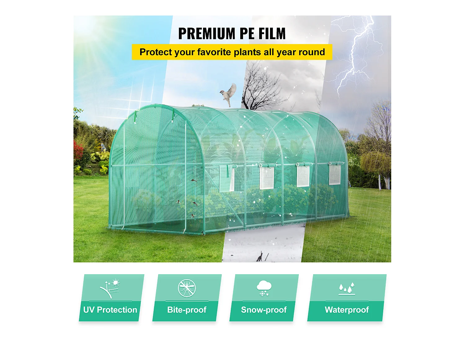 Folientunnel SucceBuy mit Verzinktem Rahmen 4,5 x 2 x 2 m, Wasserdicht