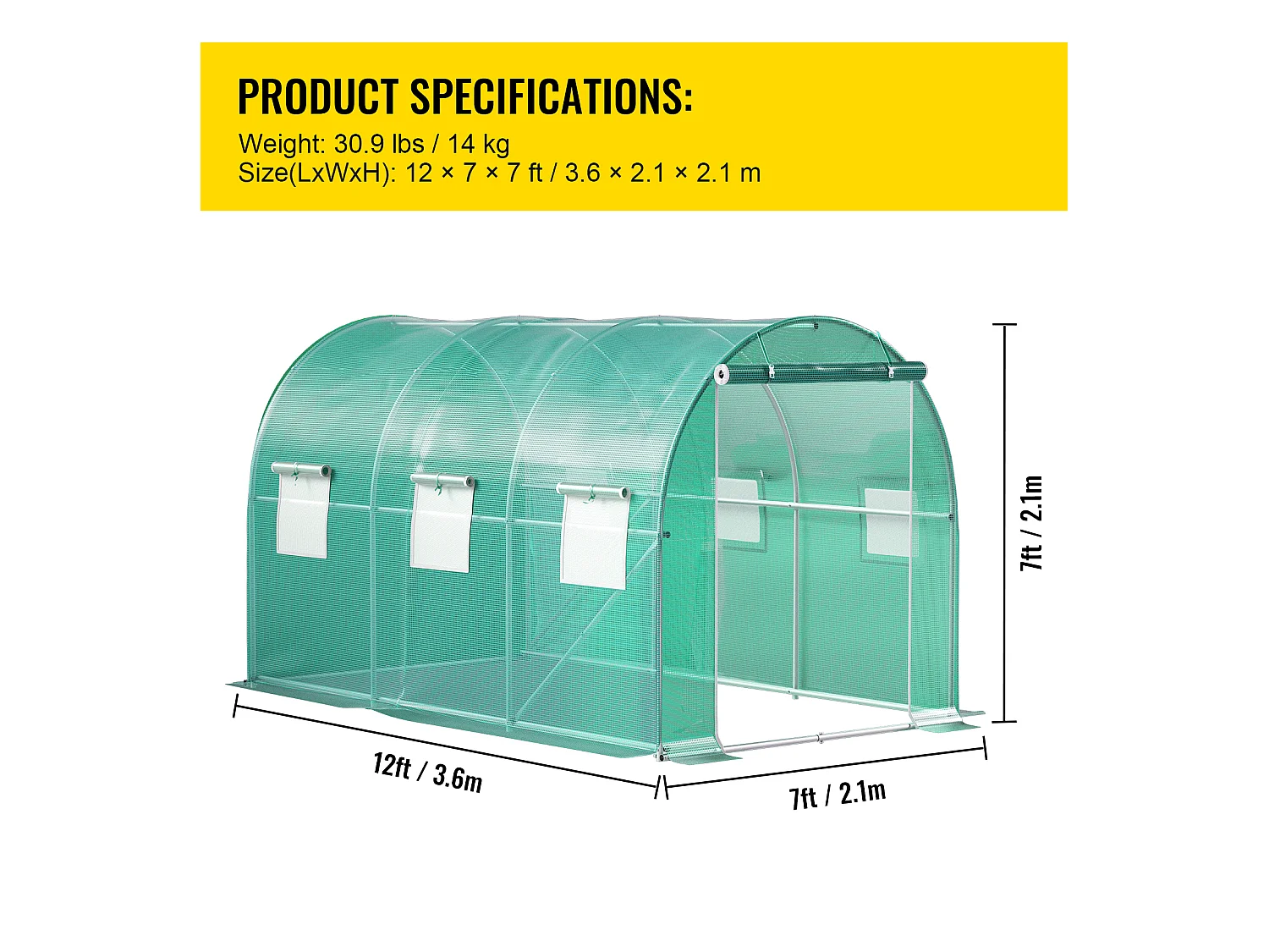 Serre Tunnel de Plain-Pied SucceBuy, 365.76 x 213.36 x 213.36 cm, Cadre Galvanisé et Couverture Imperméable