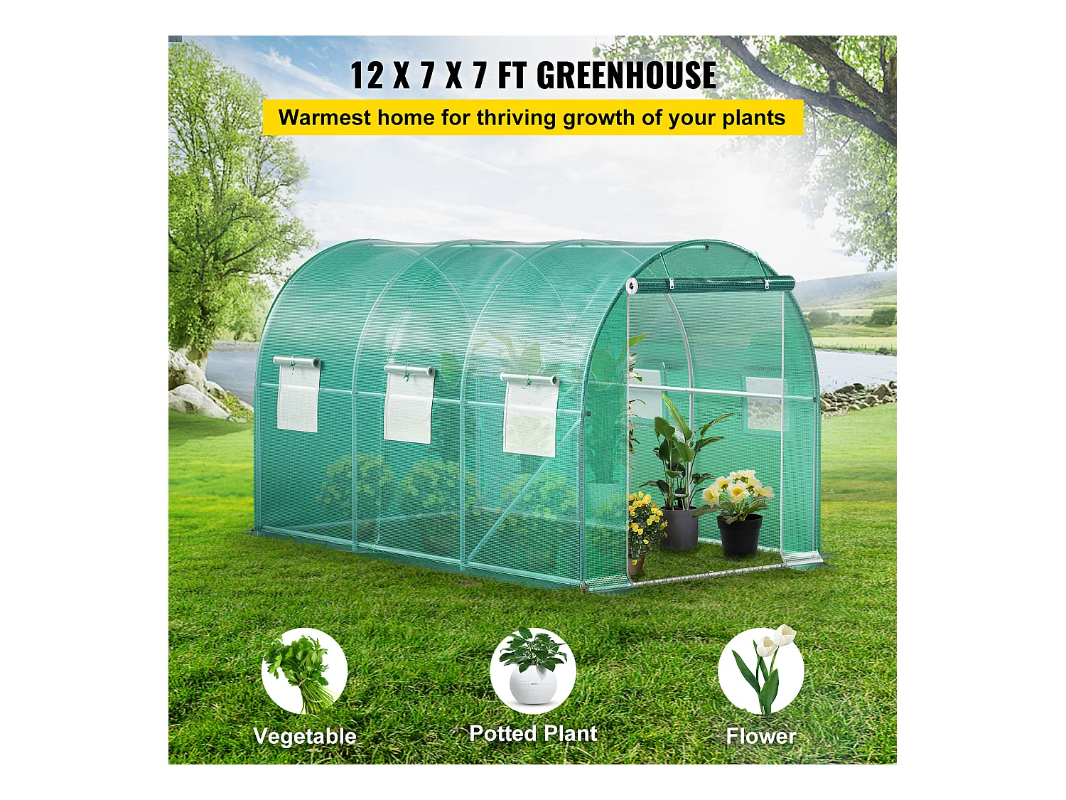 Serre Tunnel de Plain-Pied SucceBuy, 365.76 x 213.36 x 213.36 cm, Cadre Galvanisé et Couverture Imperméable