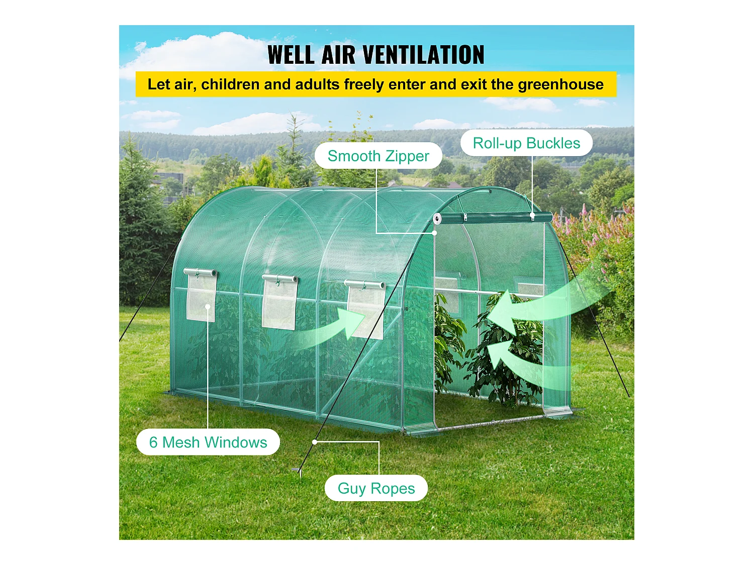 Serre Tunnel de Plain-Pied SucceBuy, 365.76 x 213.36 x 213.36 cm, Cadre Galvanisé et Couverture Imperméable