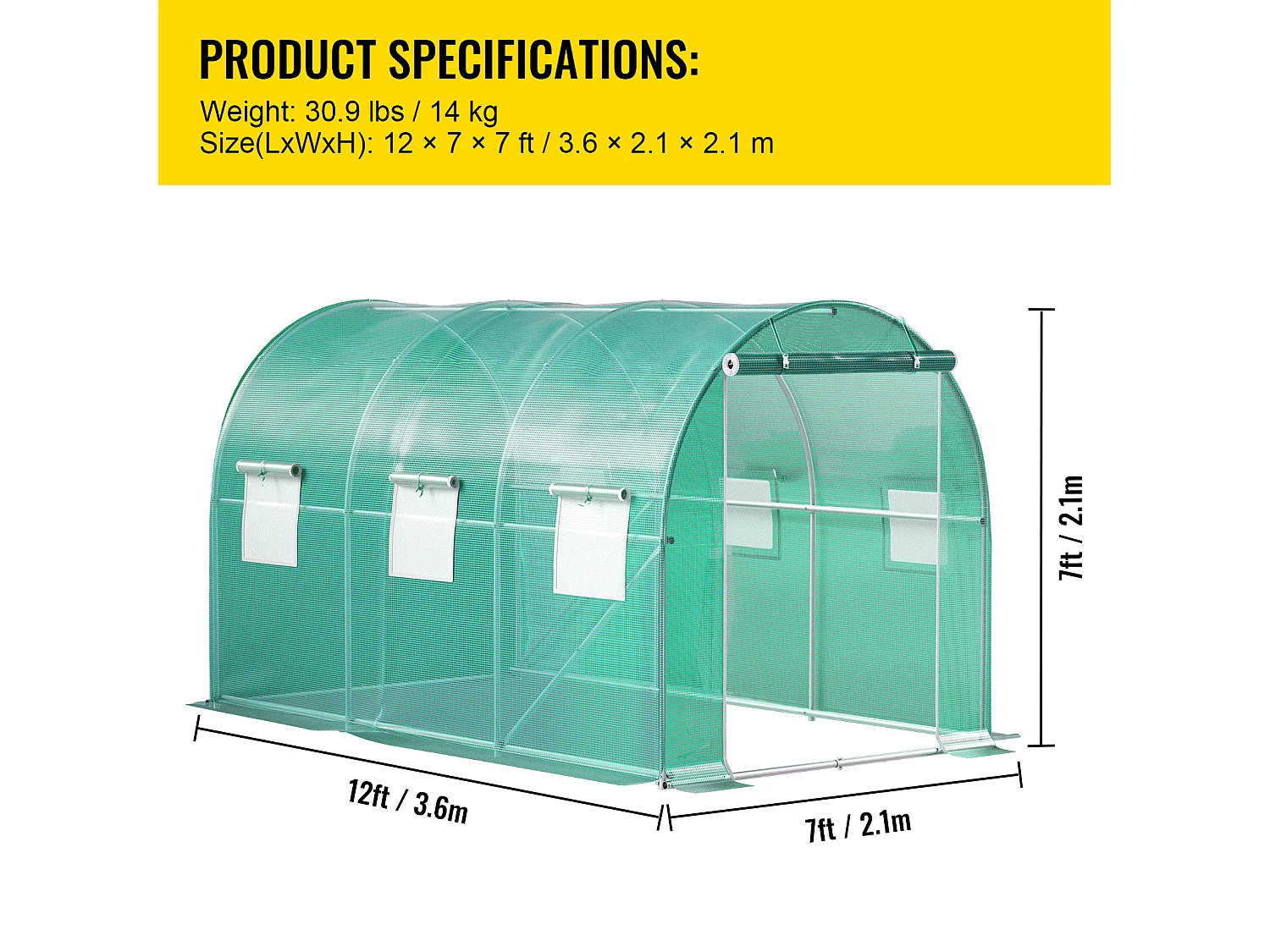Serre Tunnel de Plain-Pied SucceBuy, 365.76 x 213.36 x 213.36 cm, Cadre Galvanisé et Couverture Imperméable