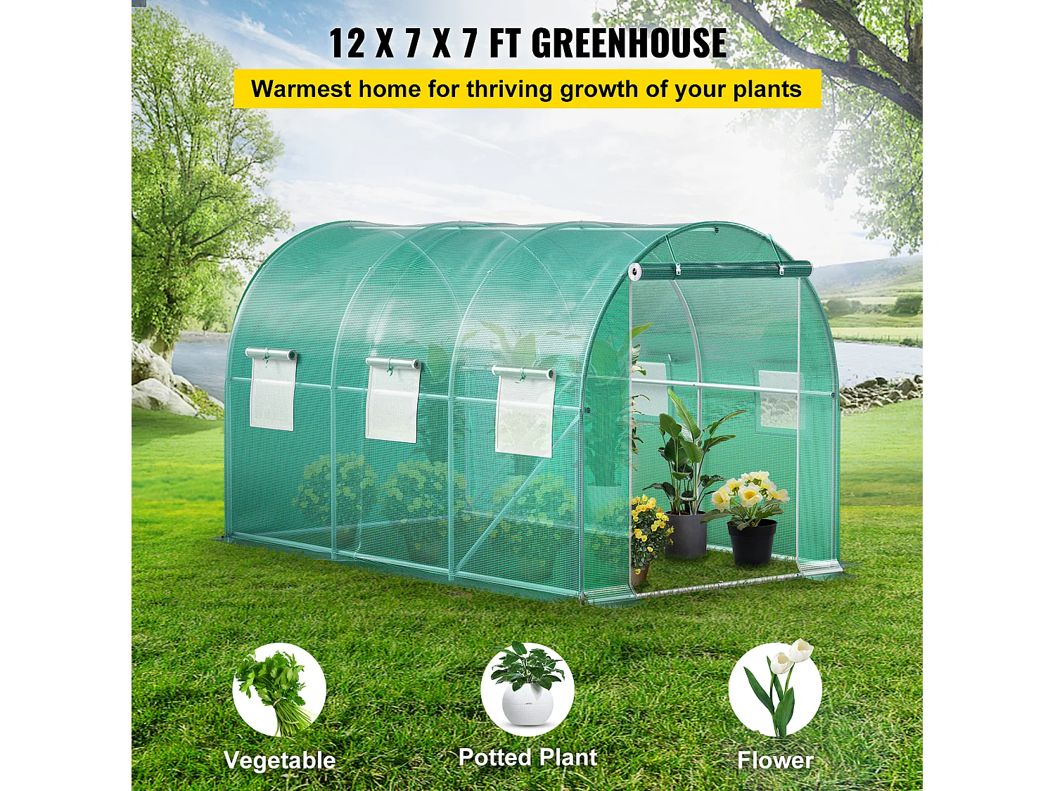 Serre Tunnel de Plain-Pied SucceBuy, 365.76 x 213.36 x 213.36 cm, Cadre Galvanisé et Couverture Imperméable