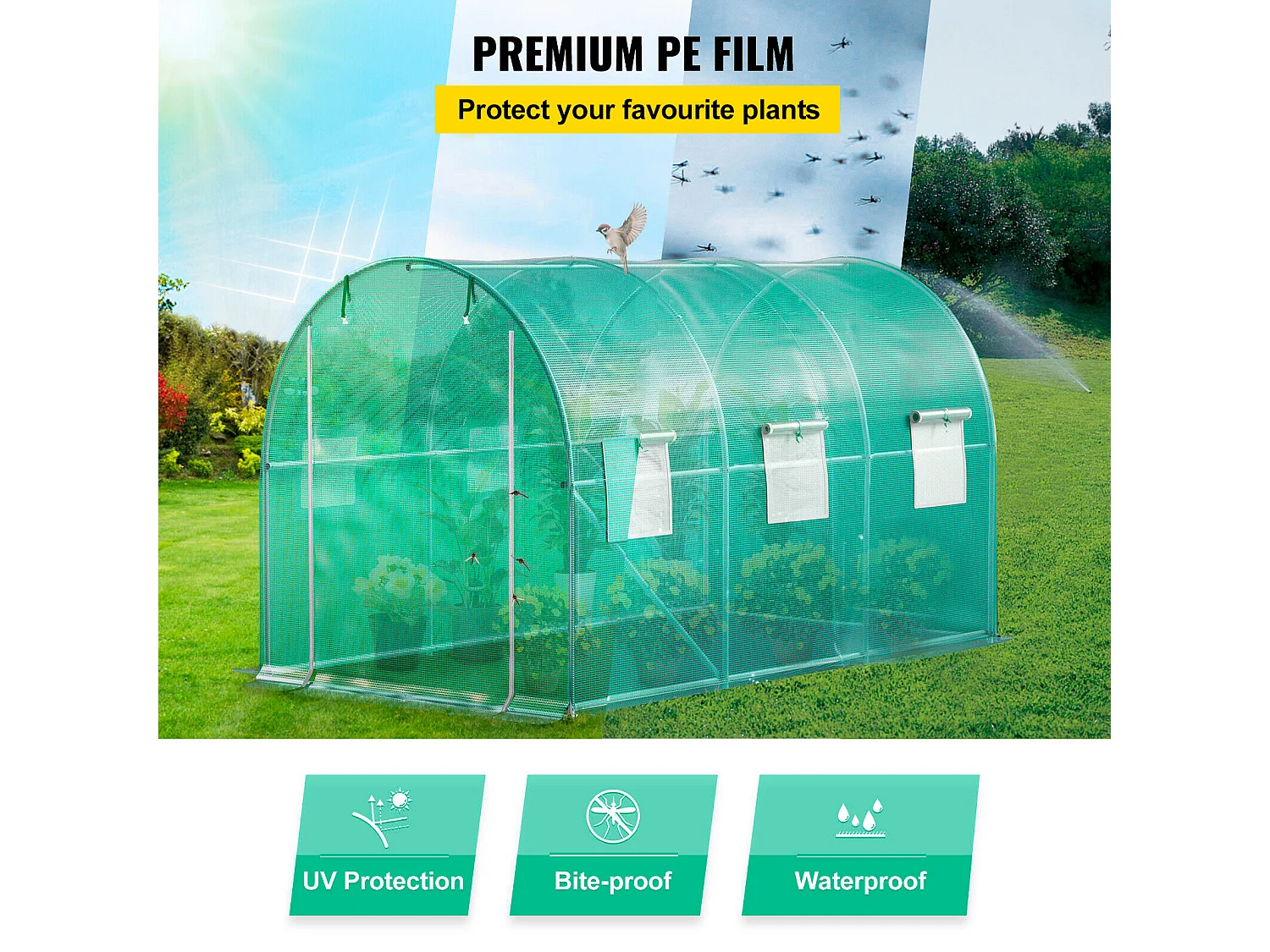 Serre Tunnel de Plain-Pied SucceBuy, 365.76 x 213.36 x 213.36 cm, Cadre Galvanisé et Couverture Imperméable