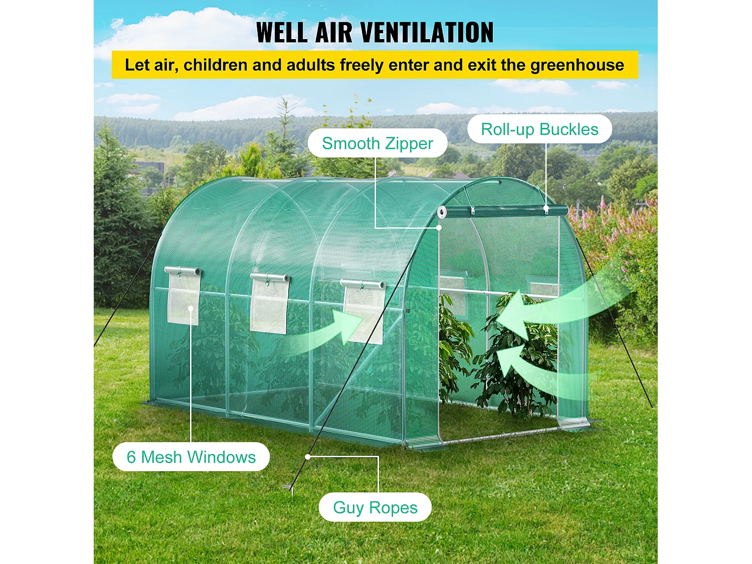 Serre Tunnel de Plain-Pied SucceBuy, 365.76 x 213.36 x 213.36 cm, Cadre Galvanisé et Couverture Imperméable