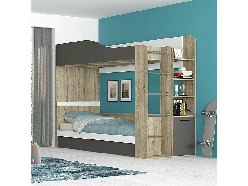 Letto a castello contenitore con scaletta 90x200 cm rovere bianco e grigio LG70