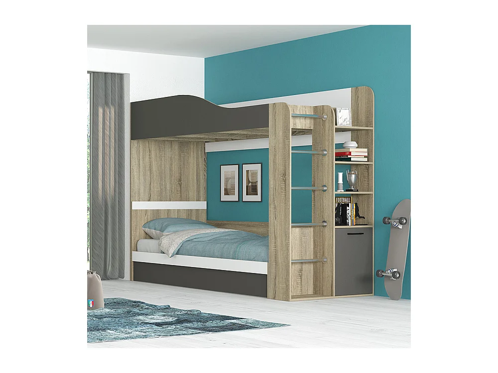 Letto a castello contenitore con scaletta 90x200 cm rovere bianco e grigio LG70