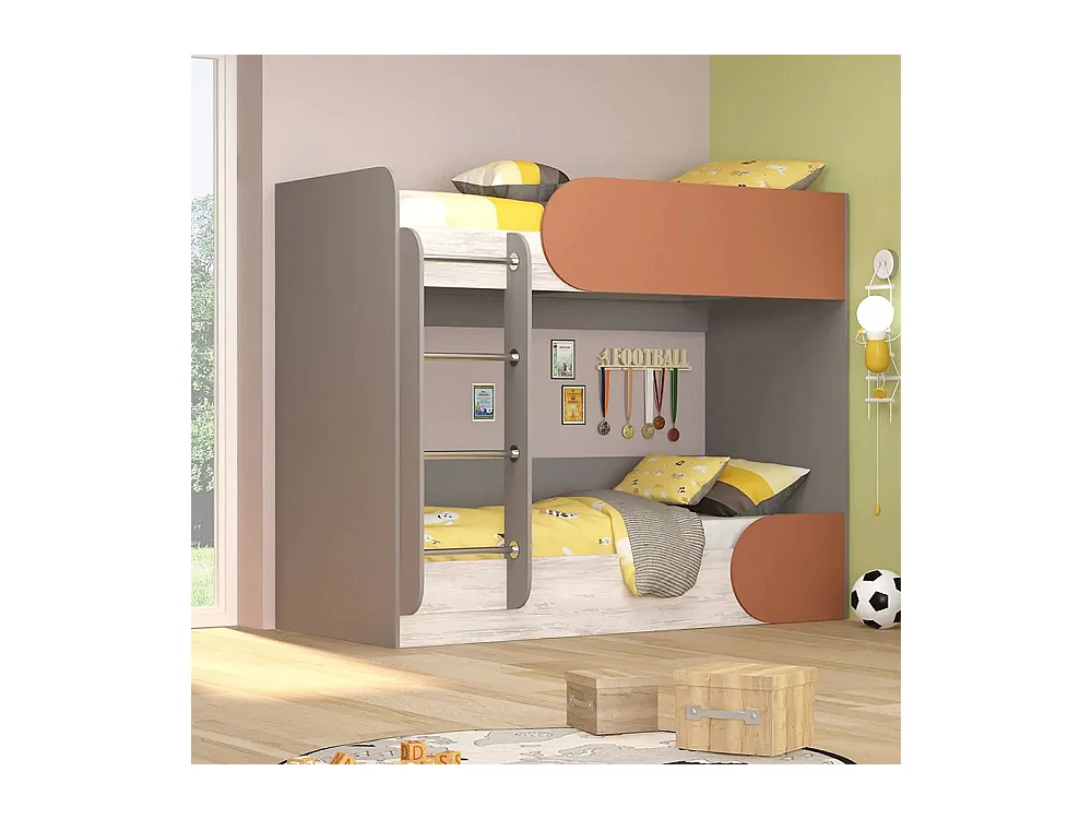 Letto a castello contenitore con scaletta 82x190 cm in grigio, legno bianco e arancio LG13