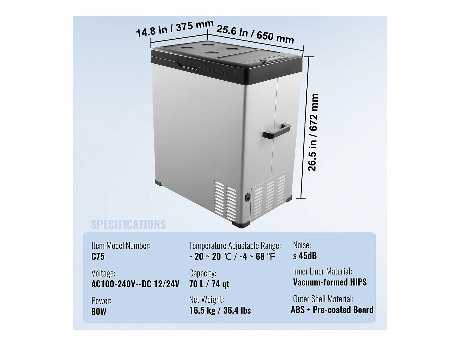 Autokoelkast SucceBuy Autokoelkast, 12 V Draagbare Koel-/Vriescombinatie, 70 L Koelbox met Één Zone, -16 ℃~20 ℃Instelbaar, 12/24V DC & 100-240V AC Compressor