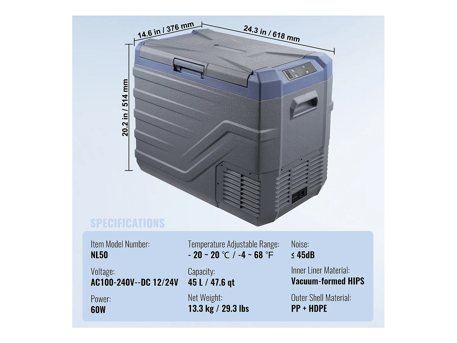 Réfrigérateur de Voiture SucceBuy Réfrigérateur-Congélateur Portable 45L pour Voiture, Compresseur à Zone Unique pour la Voiture, la Maison, Gris