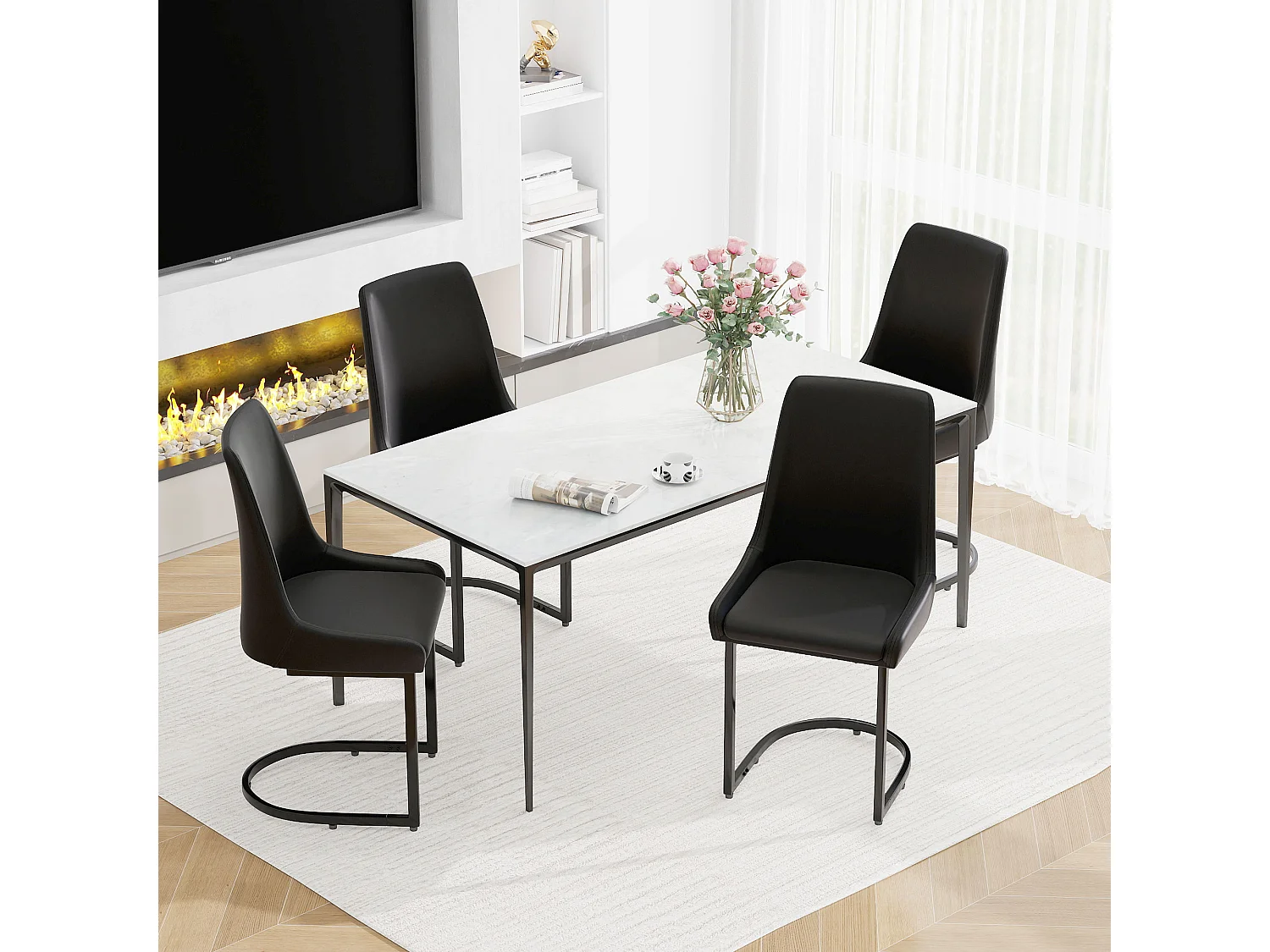 Juego de 4 sillas de comedor - 49,5 x 55 x 92 cm - con respaldo alto - para comedor y salón - piel sintética - color negro