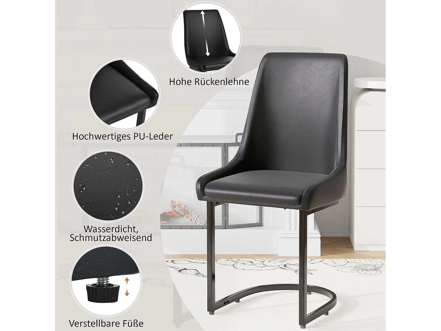 Juego de 4 sillas de comedor - 49,5 x 55 x 92 cm - con respaldo alto - para comedor y salón - piel sintética - color negro