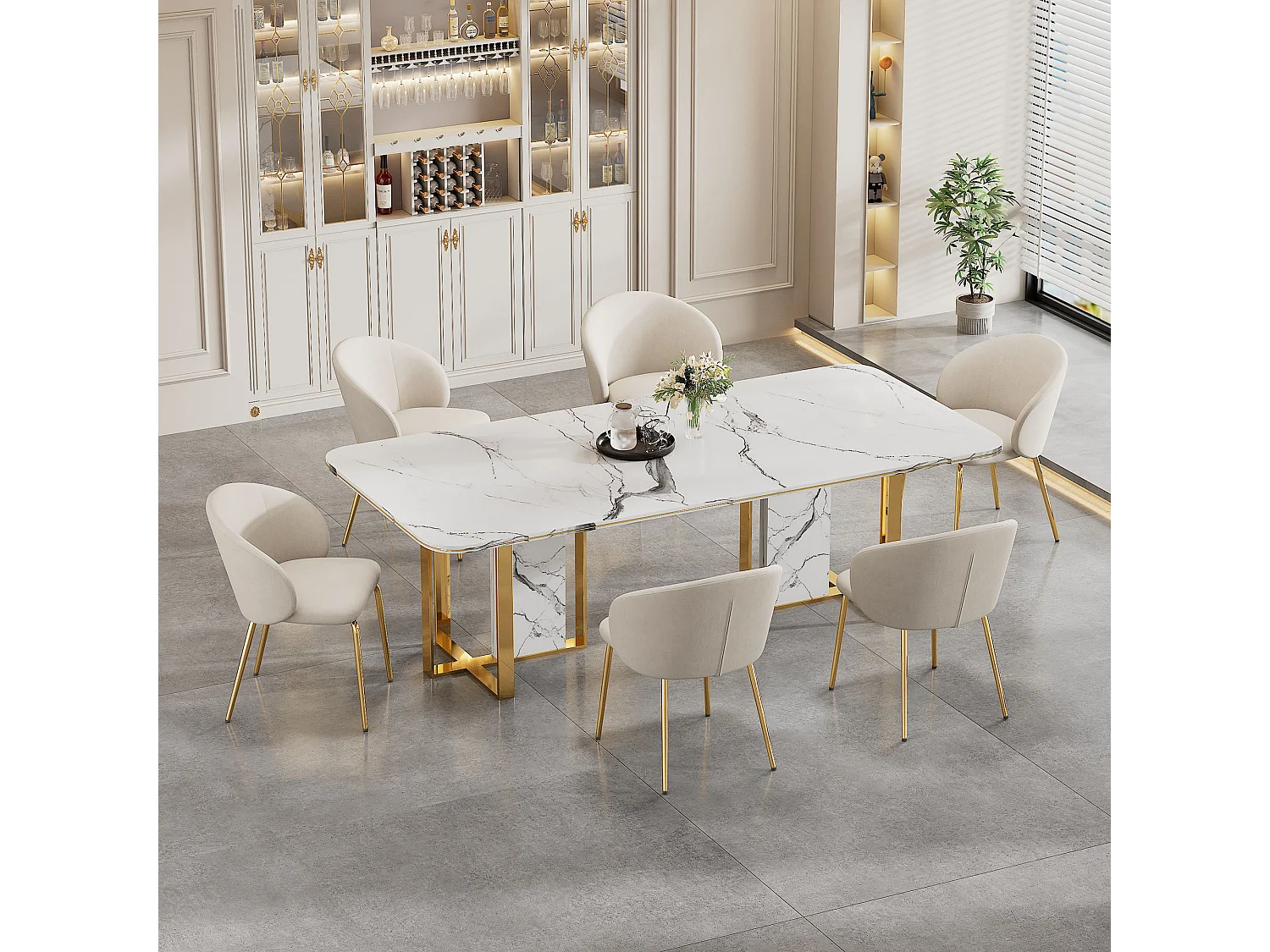 Lot de 6 chaises de salle à manger - 56 x 56 x 76 cm - avec accoudoirs et pieds en métal doré - velours - beige