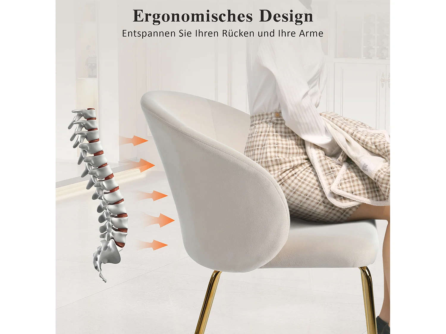 Lot de 6 chaises de salle à manger - 56 x 56 x 76 cm - avec accoudoirs et pieds en métal doré - velours - beige