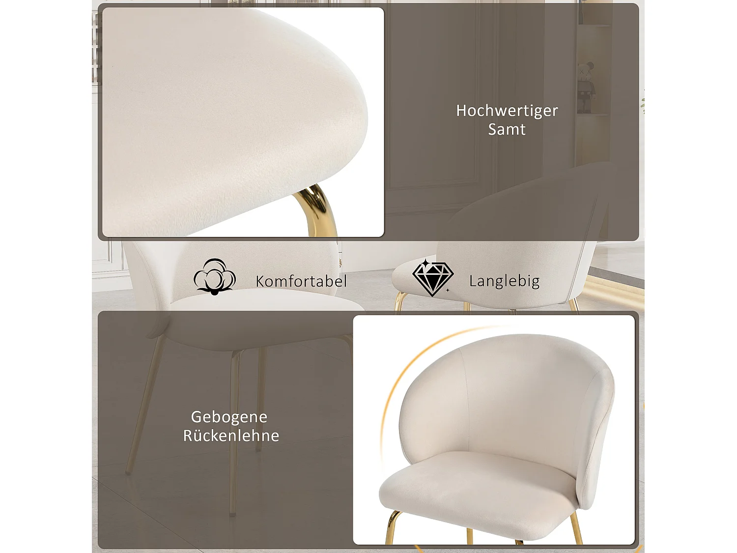 Lot de 6 chaises de salle à manger - 56 x 56 x 76 cm - avec accoudoirs et pieds en métal doré - velours - beige