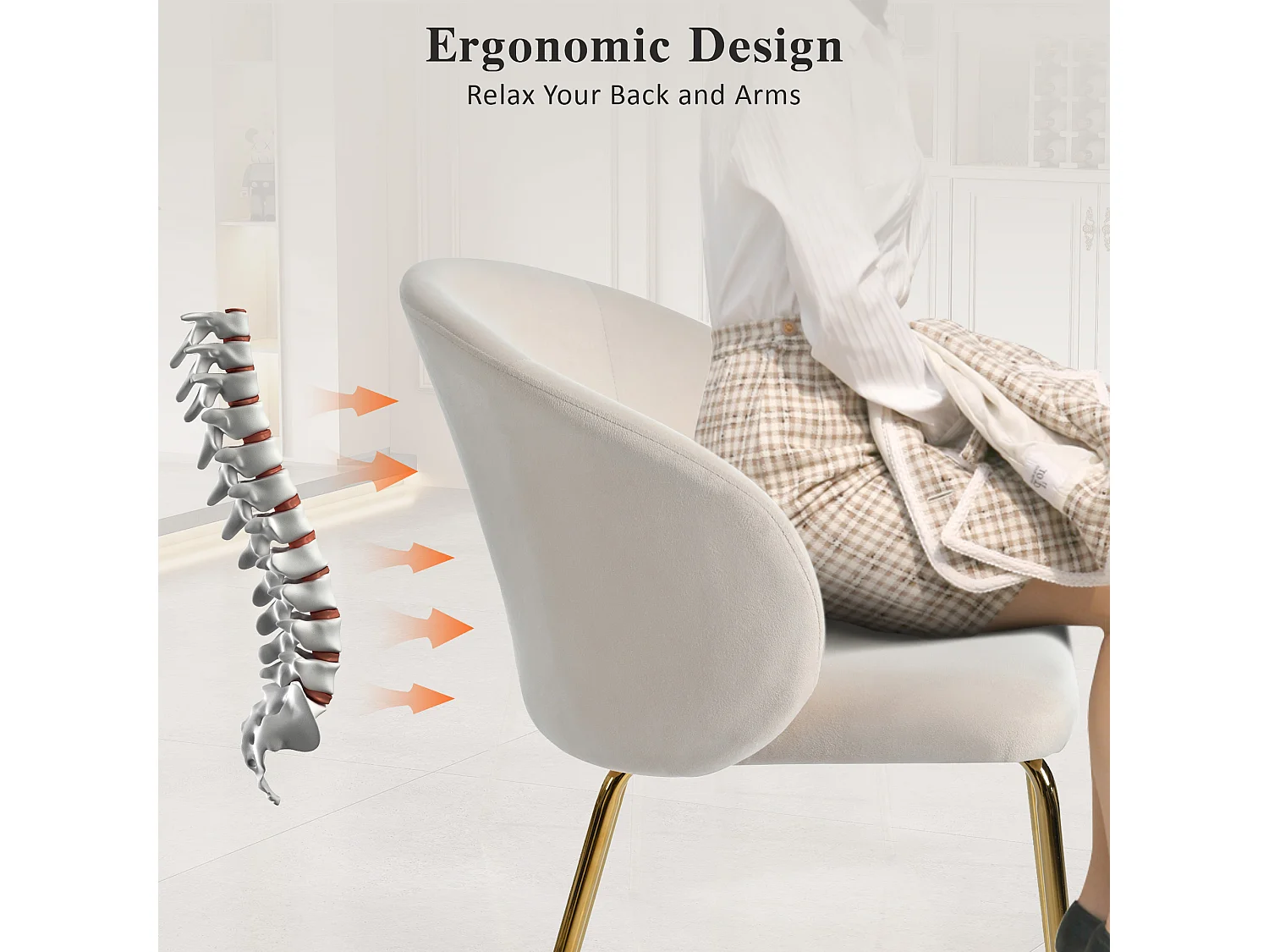Lot de 6 chaises de salle à manger - 56 x 56 x 76 cm - avec accoudoirs et pieds en métal doré - velours - beige