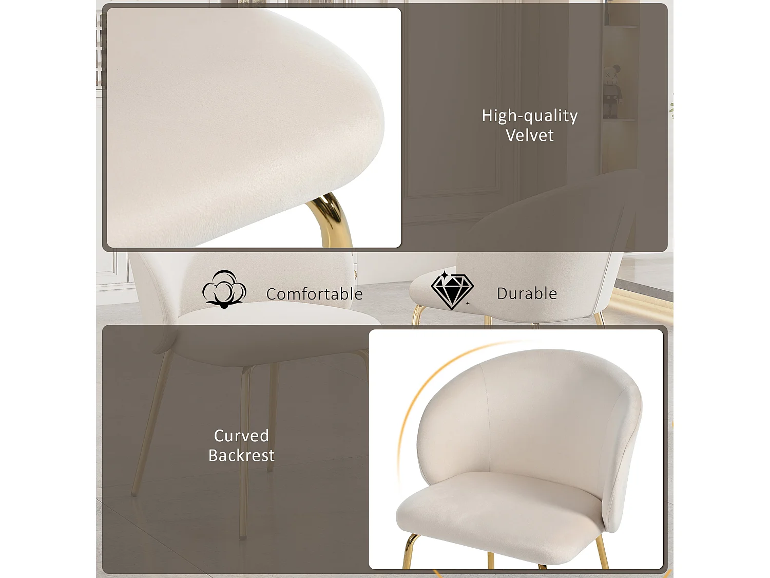 Lot de 6 chaises de salle à manger - 56 x 56 x 76 cm - avec accoudoirs et pieds en métal doré - velours - beige