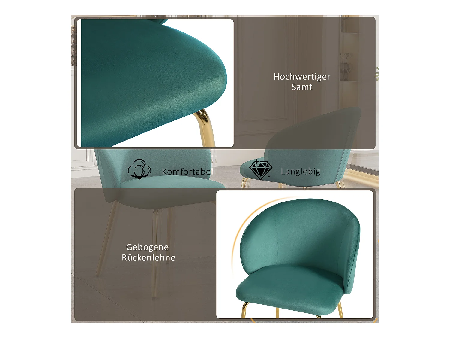 Lot de 2 chaises de salle à manger - 56 x 56 x 76 cm - avec accoudoirs et pieds en métal doré - velours - vert