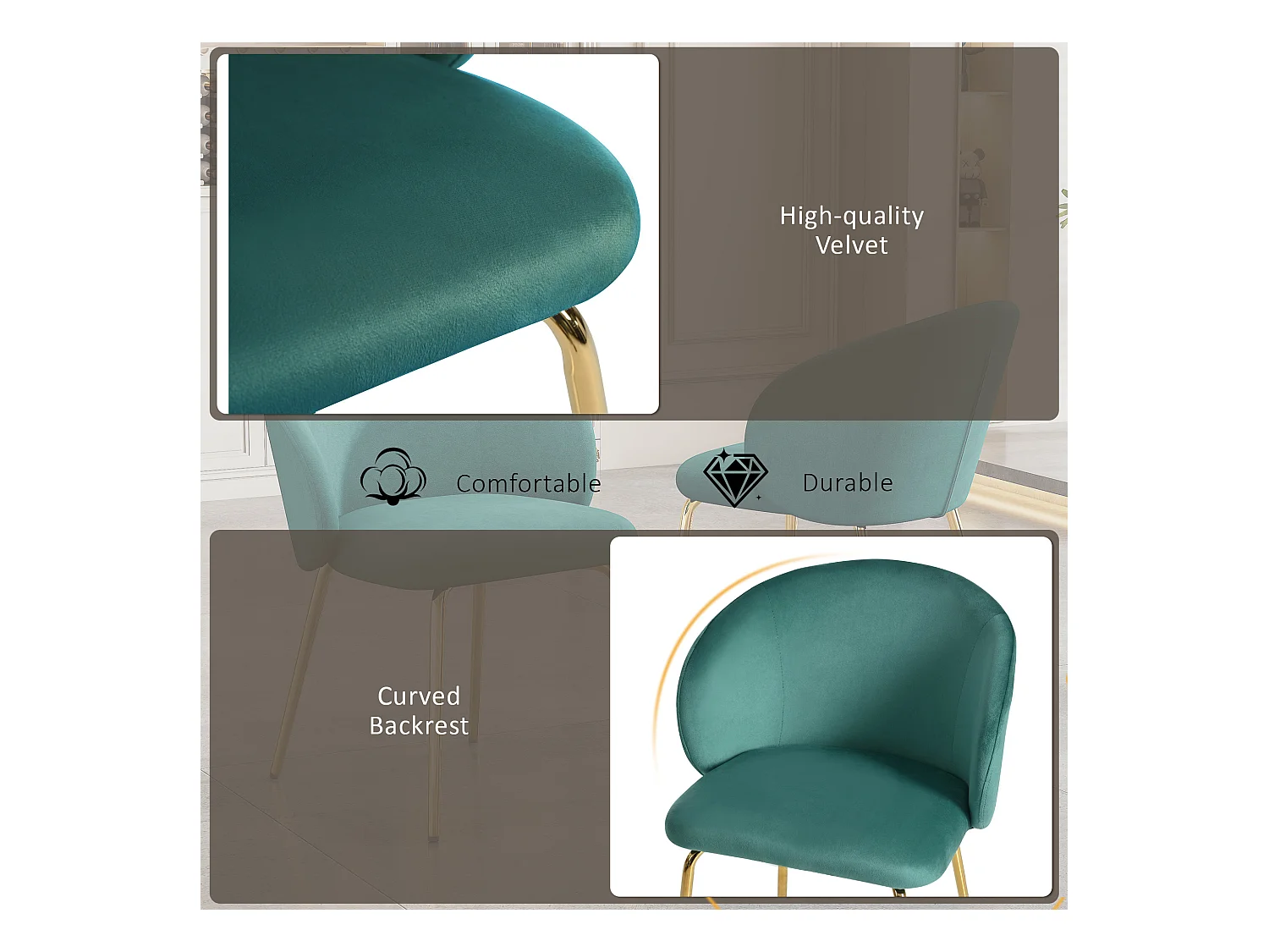 Lot de 2 chaises de salle à manger - 56 x 56 x 76 cm - avec accoudoirs et pieds en métal doré - velours - vert