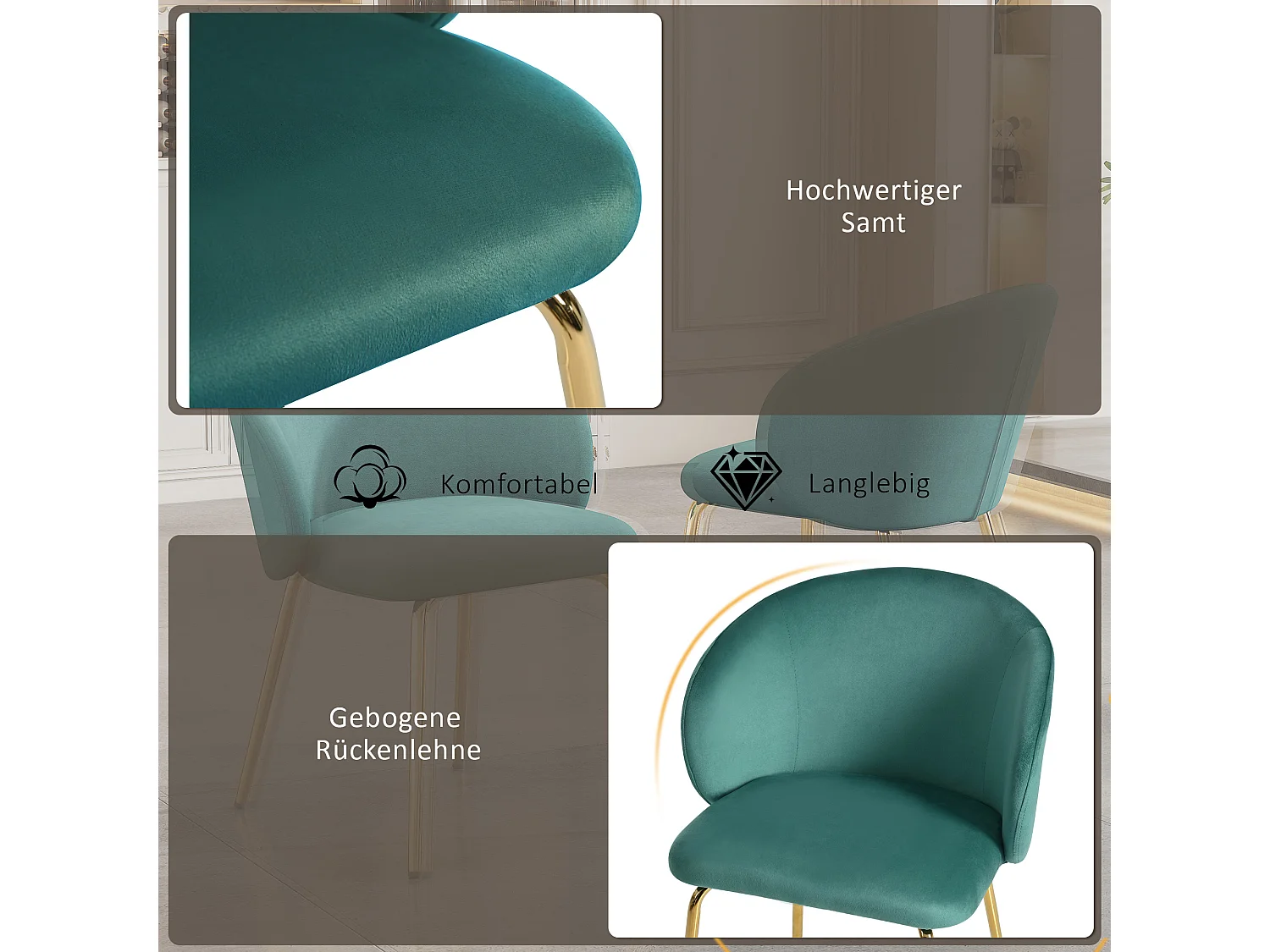 Lot de 2 chaises de salle à manger - 56 x 56 x 76 cm - avec accoudoirs et pieds en métal doré - velours - vert