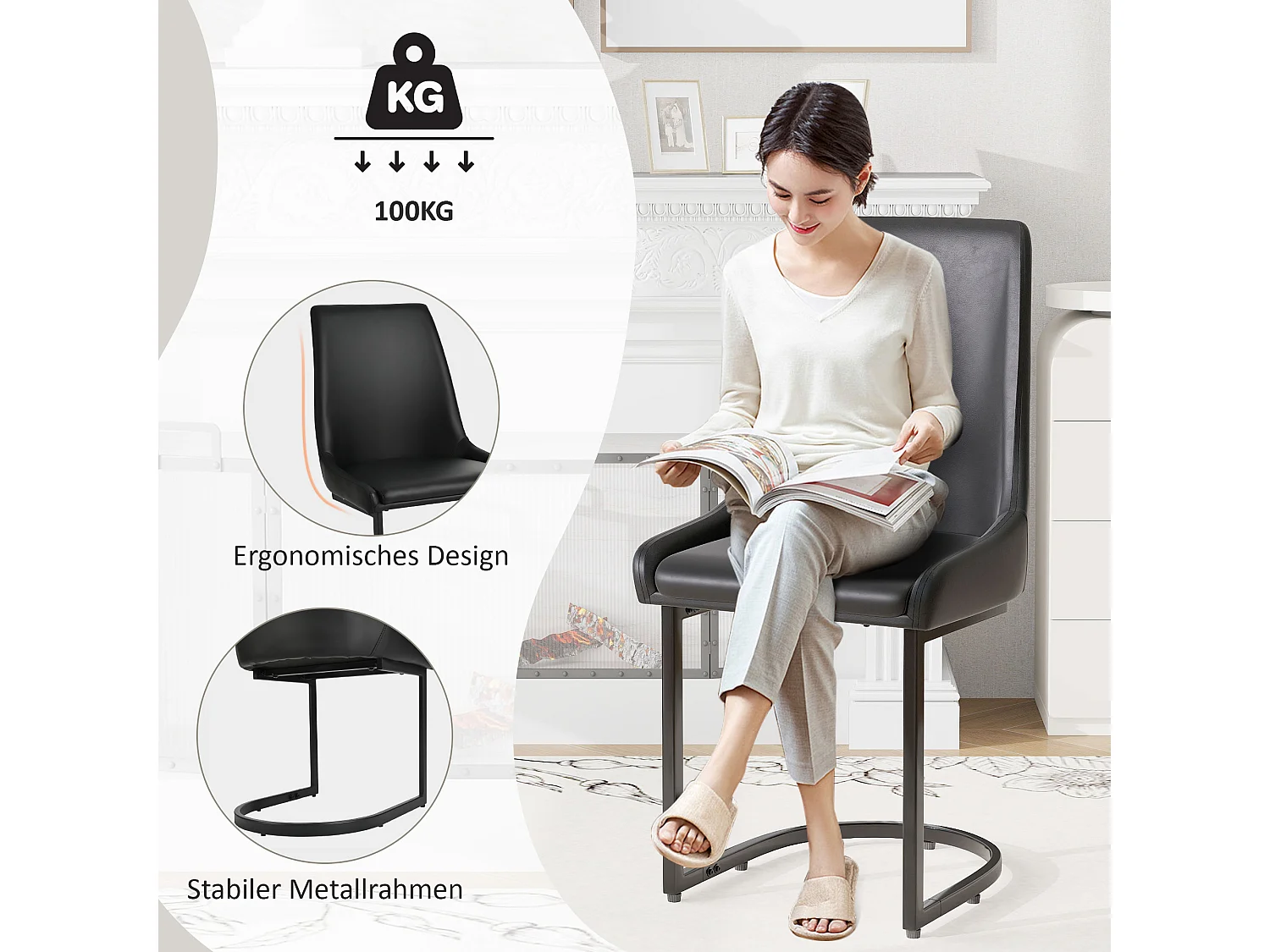 Set van 6 eetkamerstoelen - 49,5 x 55 x 92 cm - met hoge rugleuning - voor eetkamer en woonkamer - PU-leer - zwart