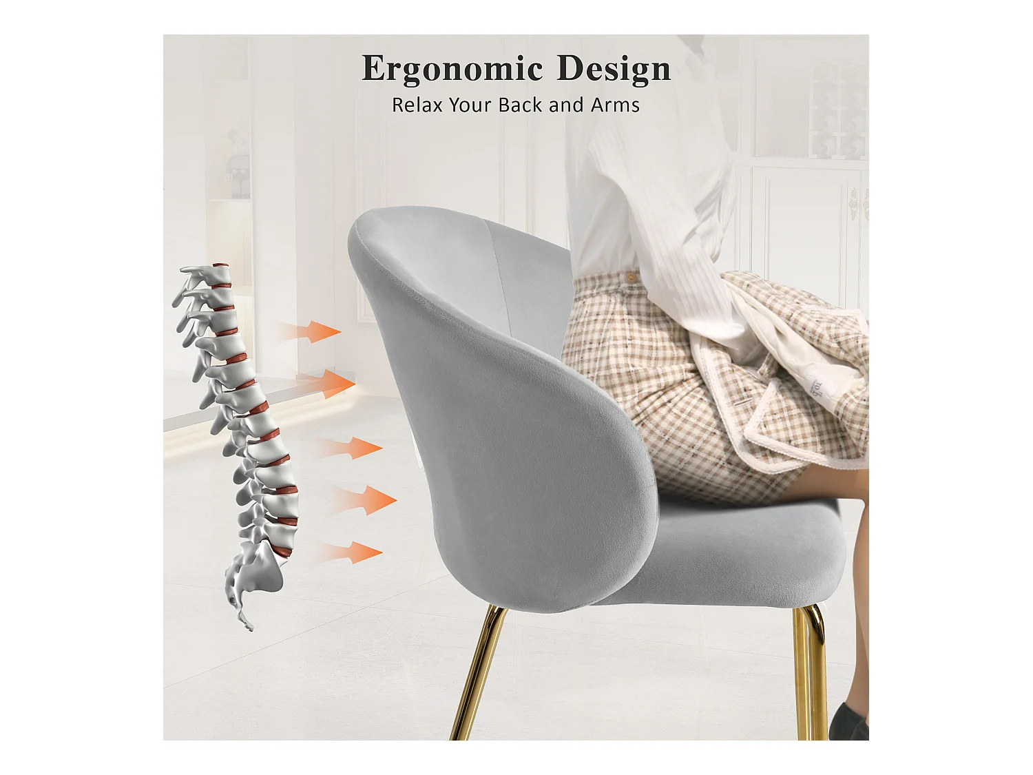 Set di 6 sedie da pranzo - 56 x 49 x 76 cm - con braccioli e gambe in metallo dorato - velluto - grigio