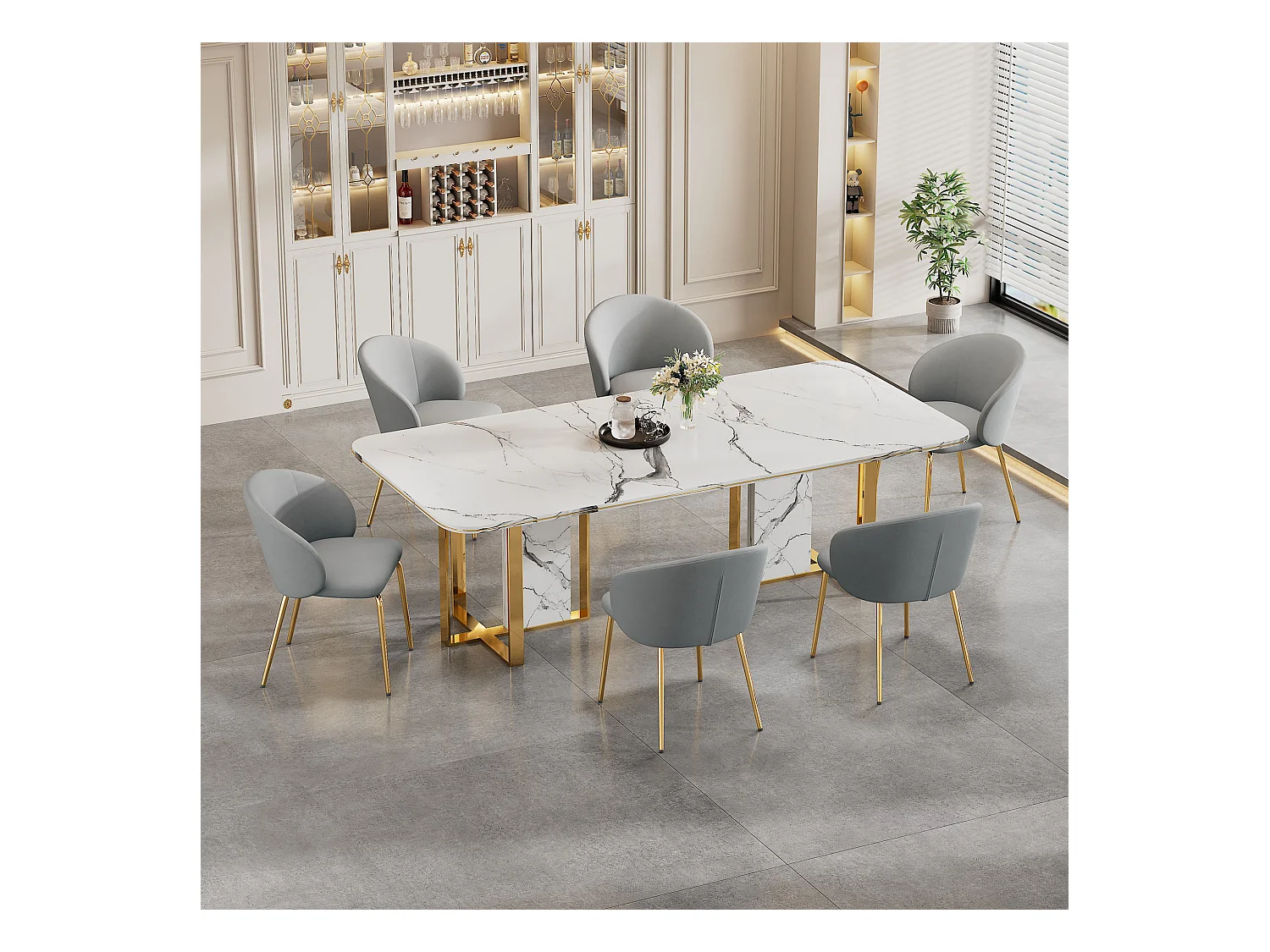 Lot de 6 chaises de salle à manger - 56 x 56 x 76 cm - avec accoudoirs et pieds en métal doré - velours - gris