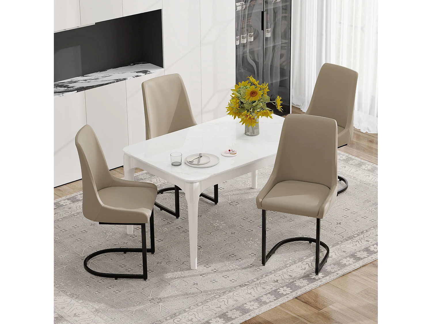 Conjunto de 4 cadeiras de jantar - 49,5 x 55 x 92 cm - com encosto alto - para sala de jantar e sala de estar - couro sintético - cáqui