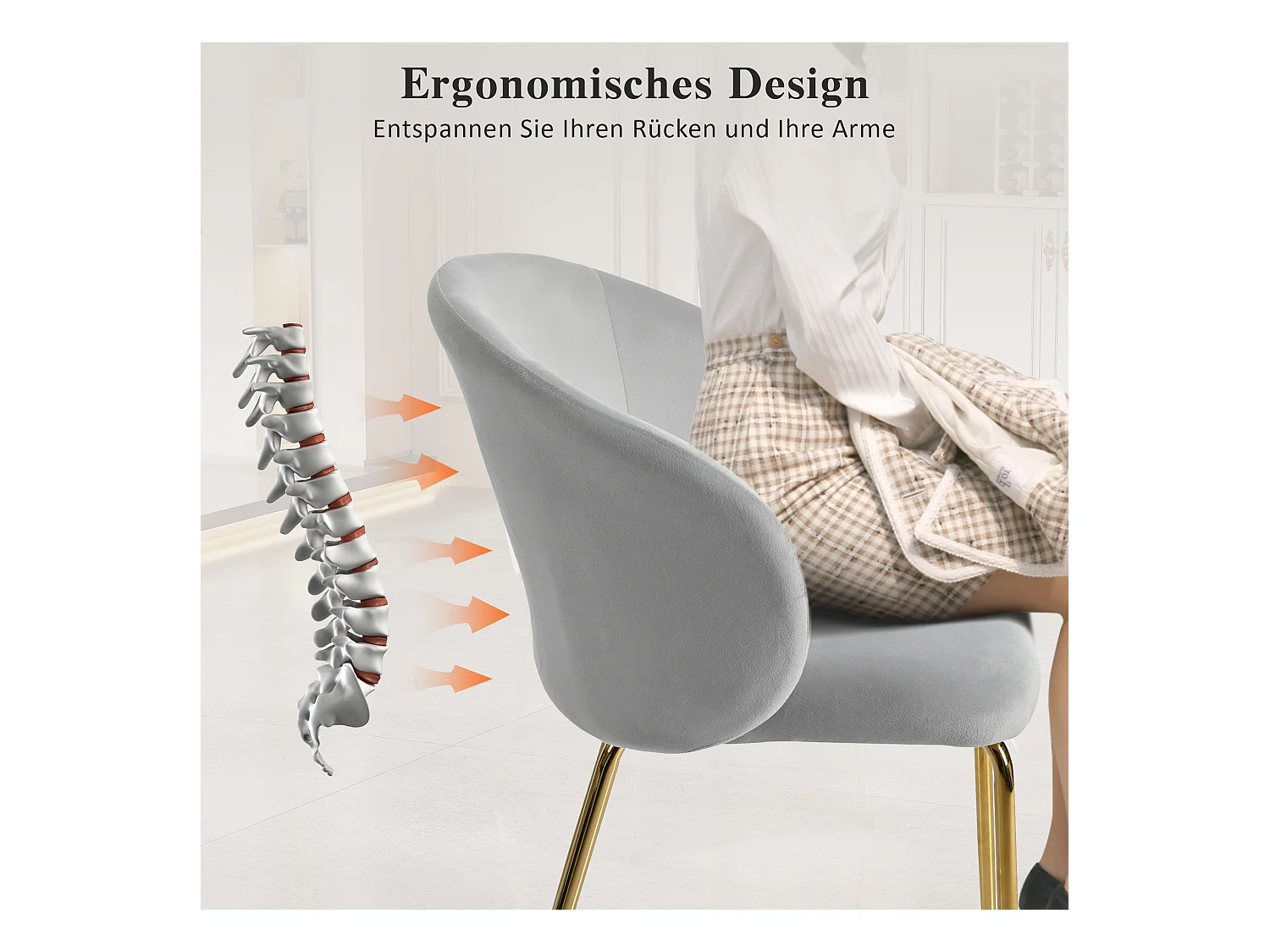 Lot de 4 chaises de salle à manger - 56 x 56 x 76 cm - avec accoudoirs et pieds en métal doré - velours - gris