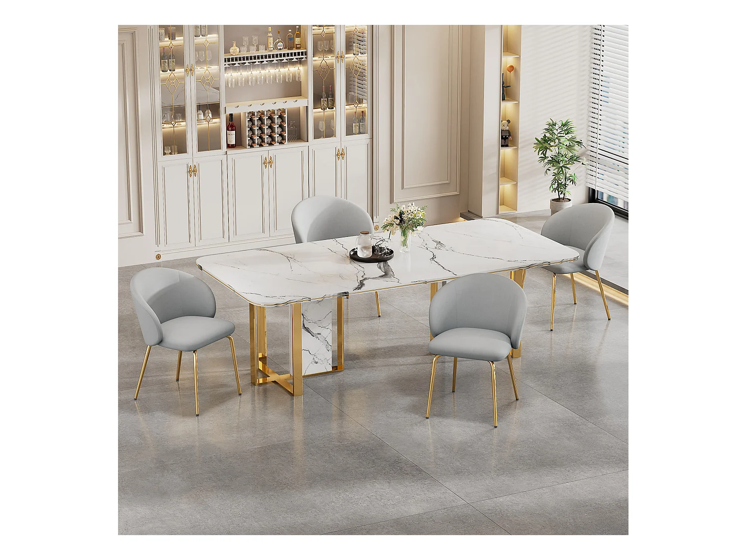 Lot de 4 chaises de salle à manger - 56 x 56 x 76 cm - avec accoudoirs et pieds en métal doré - velours - gris