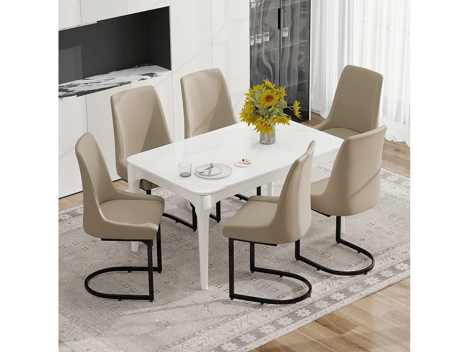 Set van 6 eetkamerstoelen - 49,5 x 55 x 92 cm - met hoge rugleuning - voor eetkamer en woonkamer - PU-leer - Khaki