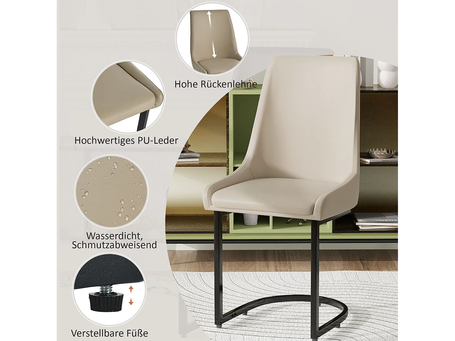 Set van 6 eetkamerstoelen - 49,5 x 55 x 92 cm - met hoge rugleuning - voor eetkamer en woonkamer - PU-leer - Khaki