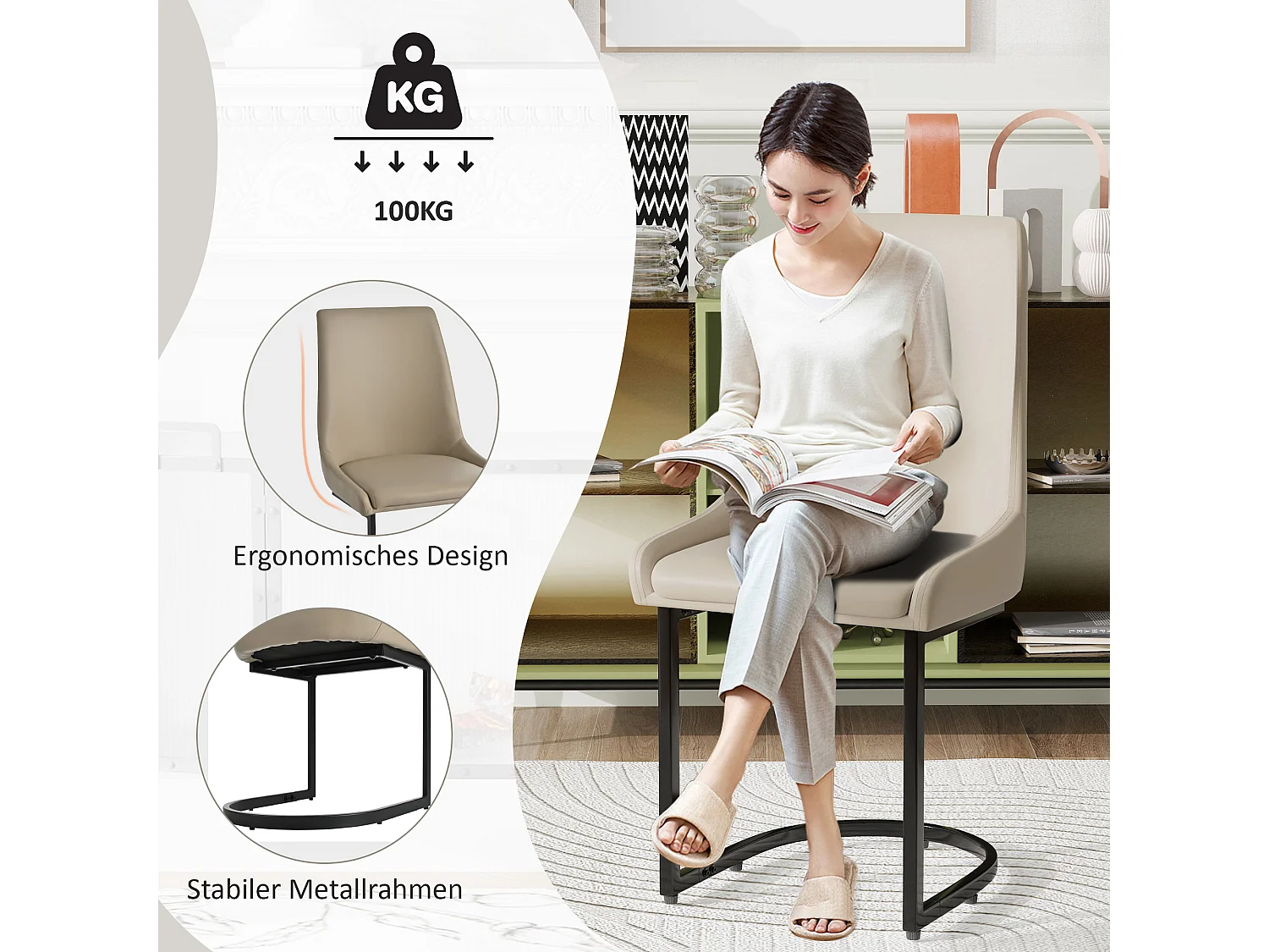 Set van 6 eetkamerstoelen - 49,5 x 55 x 92 cm - met hoge rugleuning - voor eetkamer en woonkamer - PU-leer - Khaki