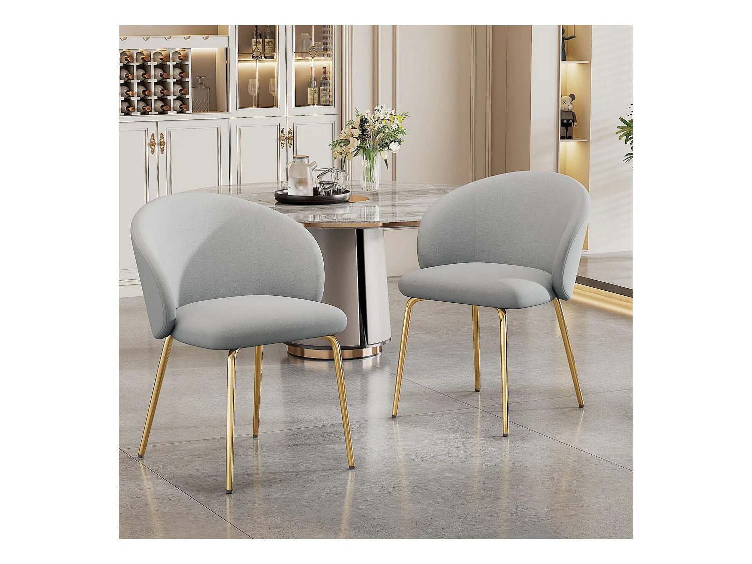 Lot de 2 chaises de salle à manger - 56 x 56 x 76 cm - avec accoudoirs et pieds en métal doré - velours - gris