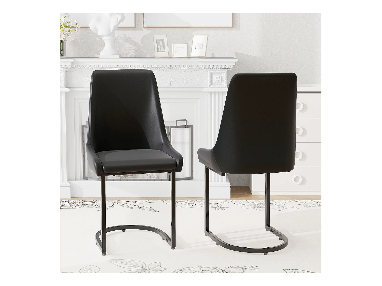 Set van 2 eetkamerstoelen - 49,5 x 55 x 92 cm - met hoge rugleuning - voor eetkamer en woonkamer - PU-leer - zwart