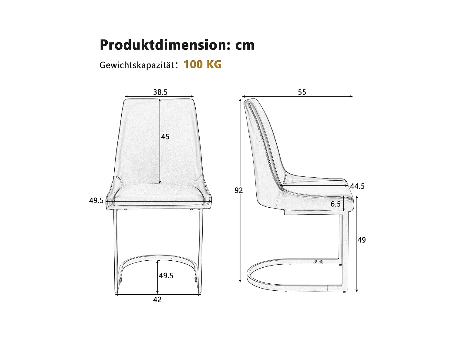 Set van 2 eetkamerstoelen - 49,5 x 55 x 92 cm - met hoge rugleuning - voor eetkamer en woonkamer - PU-leer - zwart