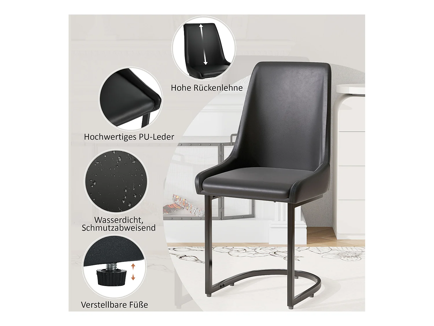 Set van 2 eetkamerstoelen - 49,5 x 55 x 92 cm - met hoge rugleuning - voor eetkamer en woonkamer - PU-leer - zwart