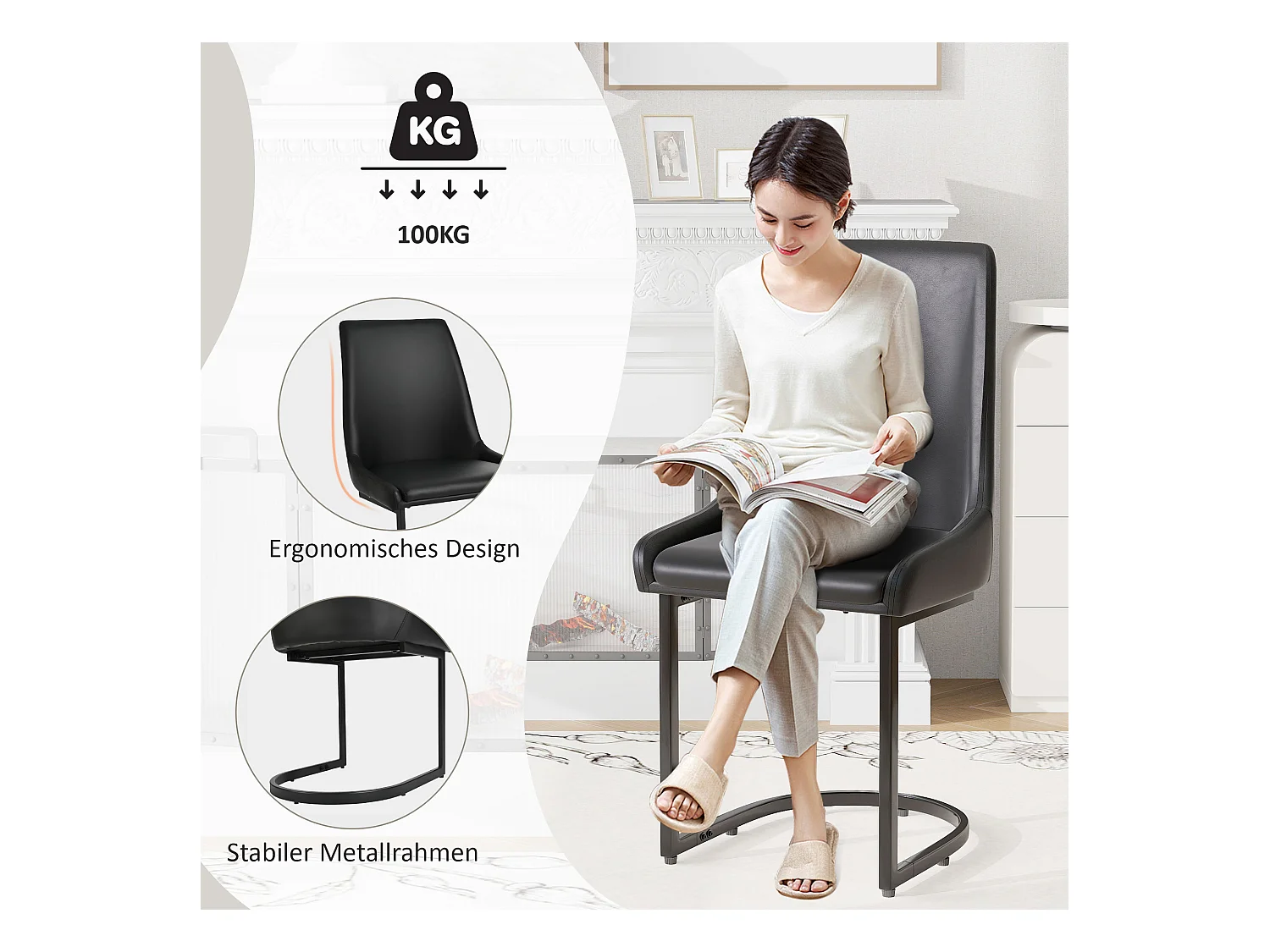 Set van 2 eetkamerstoelen - 49,5 x 55 x 92 cm - met hoge rugleuning - voor eetkamer en woonkamer - PU-leer - zwart