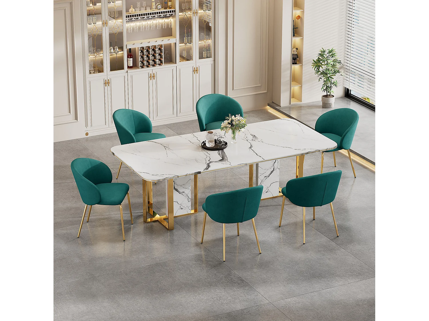 Lot de 6 chaises de salle à manger - 56 x 56 x 76 cm - avec accoudoirs et pieds en métal doré - velours - vert