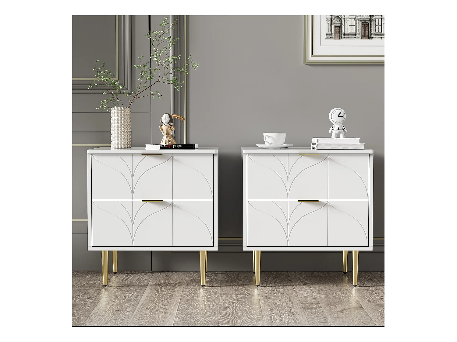 Lot de 2 table de chevet - 2 x 40 x 50 x 54 - avec pieds et boutons plaqués + 2 tiroirs - MDF + Acier - blanc