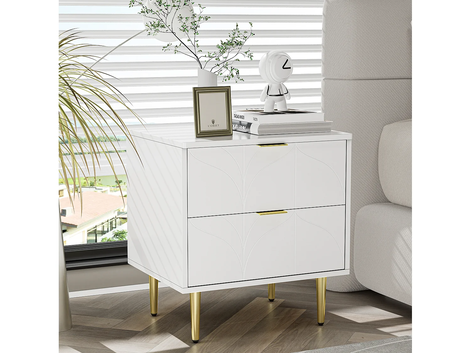 Zestaw 2 stolików nocnych - 2 x 40 x 50 x 54 cm - z fornirowanymi nogami i gałkami + 2 szuflady - Płyta MDF + Stal - biały