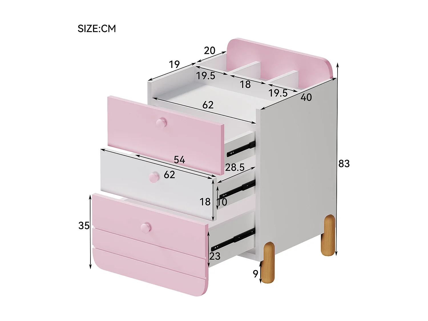 Mesa de cabeceira - 62 x 40 x 83 cm - 3 gavetas silenciosas com prateleiras - pernas requintadas - madeira - rosa