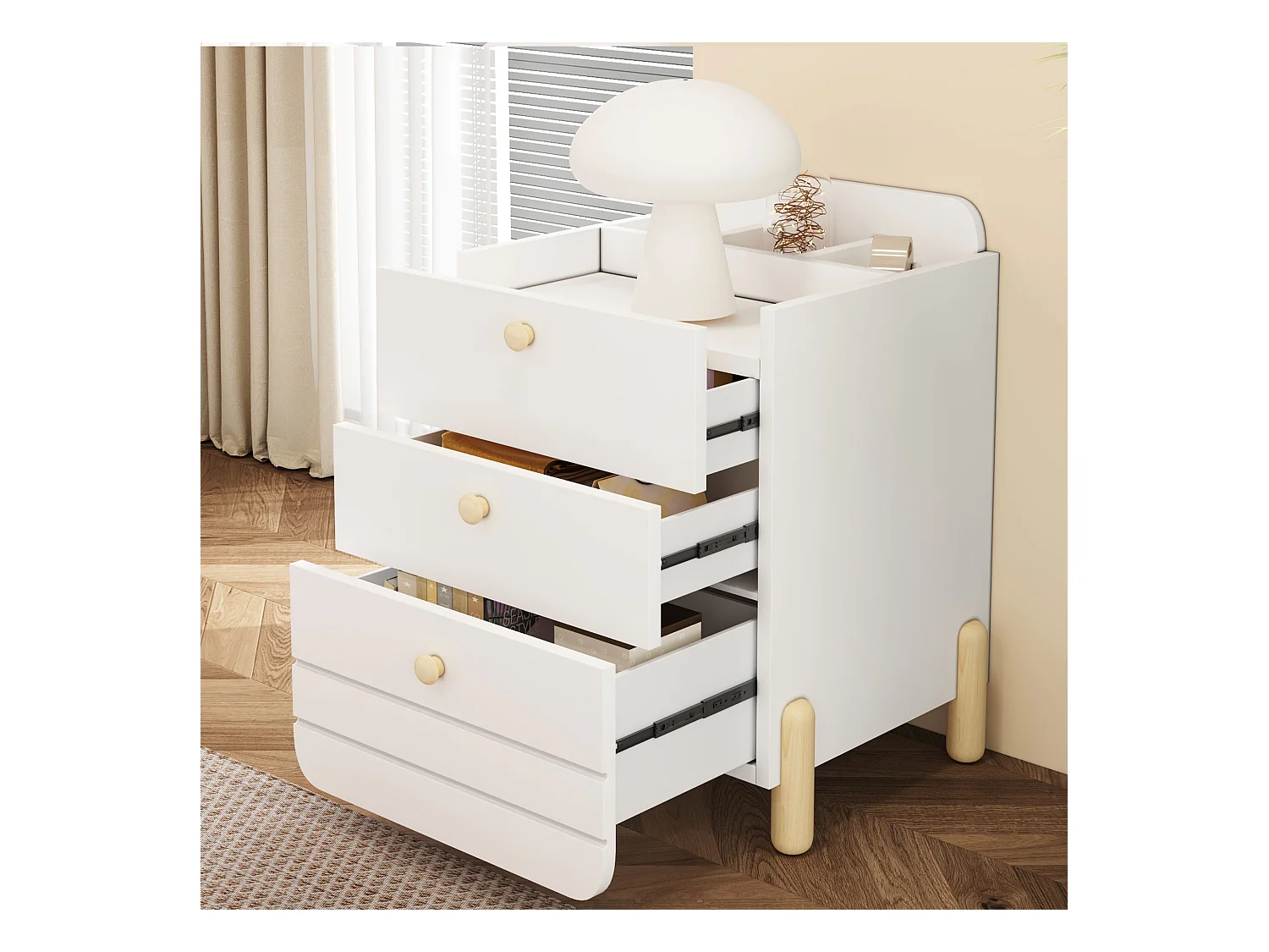 Nachttisch – 62 x 40 x 83 cm – 3 leise Schubladen mit Ablageflächen – Edle Beine – Holz – Weiß