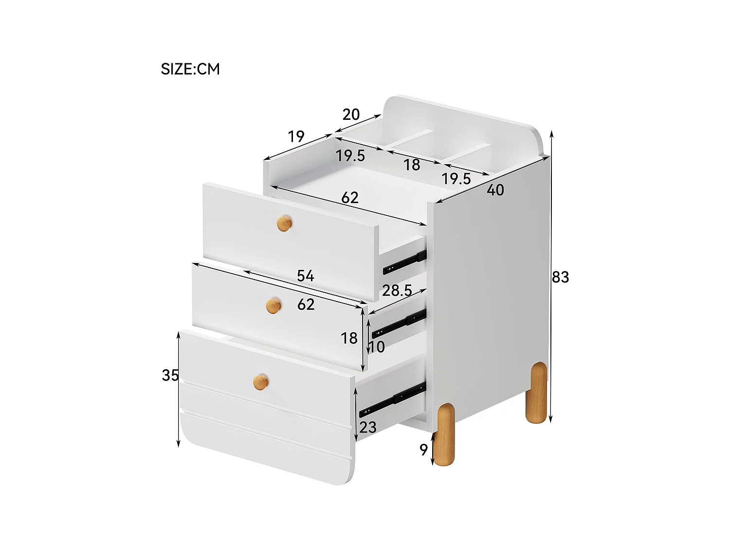Nachttisch – 62 x 40 x 83 cm – 3 leise Schubladen mit Ablageflächen – Edle Beine – Holz – Weiß