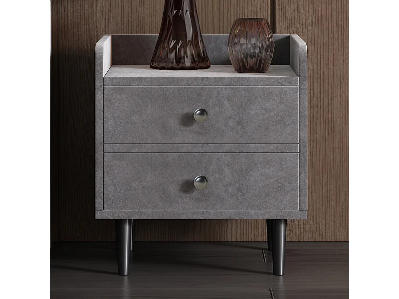 Table de chevet tapissée - 43.9 x 35.5 x 49 cm - avec 2 tiroirs + poignée en métal - MDF + velours - gris