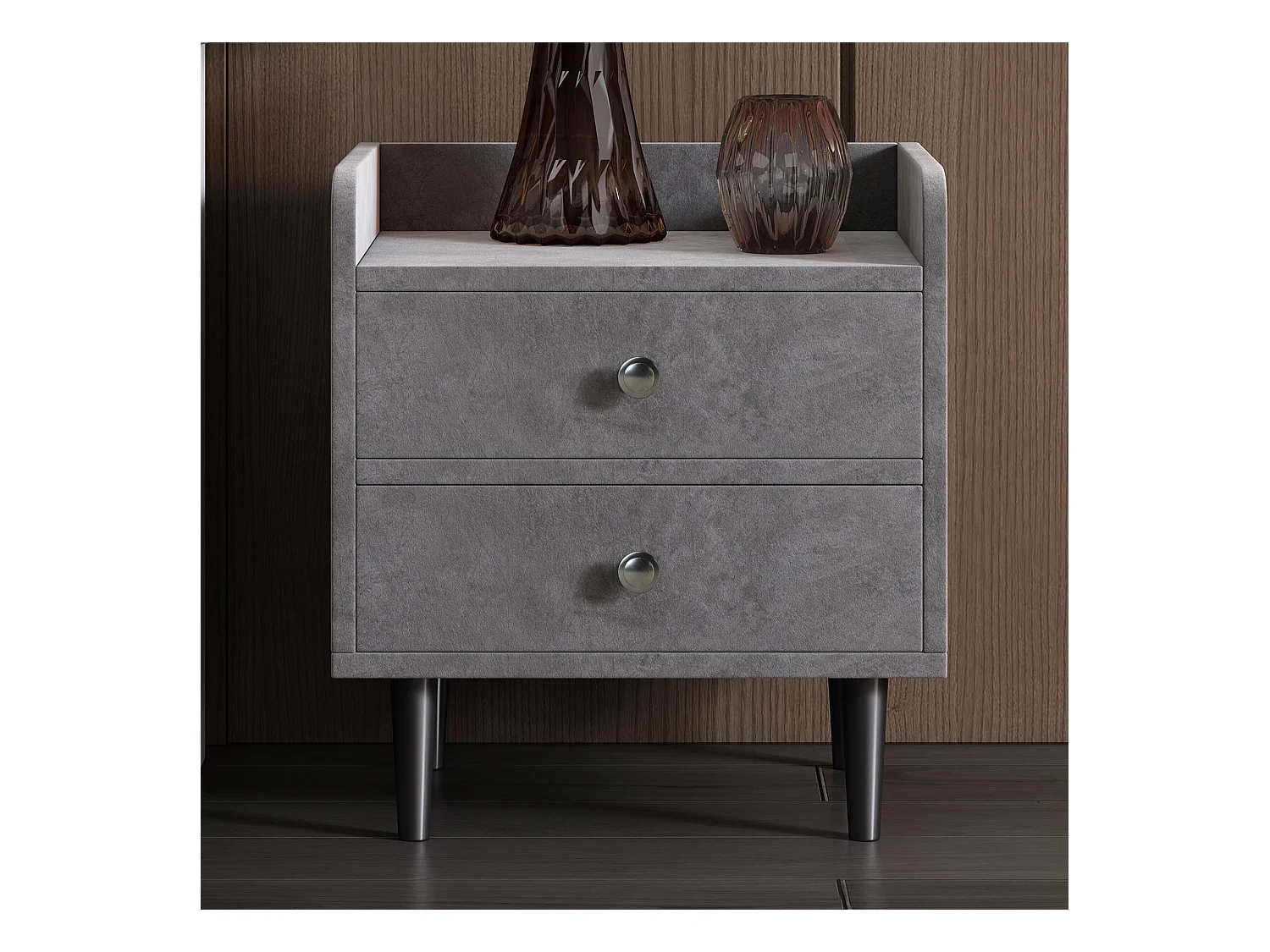 Table de chevet tapissée - 43.9 x 35.5 x 49 cm - avec 2 tiroirs + poignée en métal - MDF + velours - gris